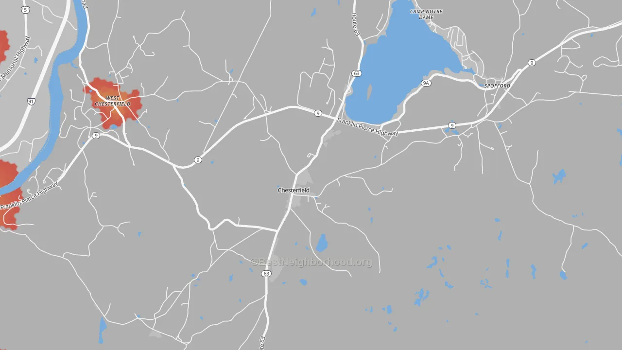 Walk Grade map of 03443, NH, walkable areas in green and car-dependent areas in red