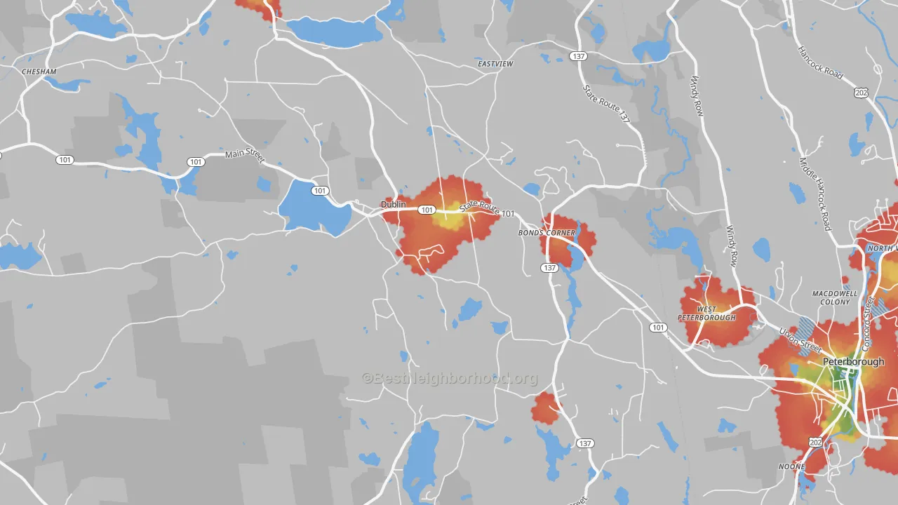 Walk Grade map of 03444, NH, walkable areas in green and car-dependent areas in red