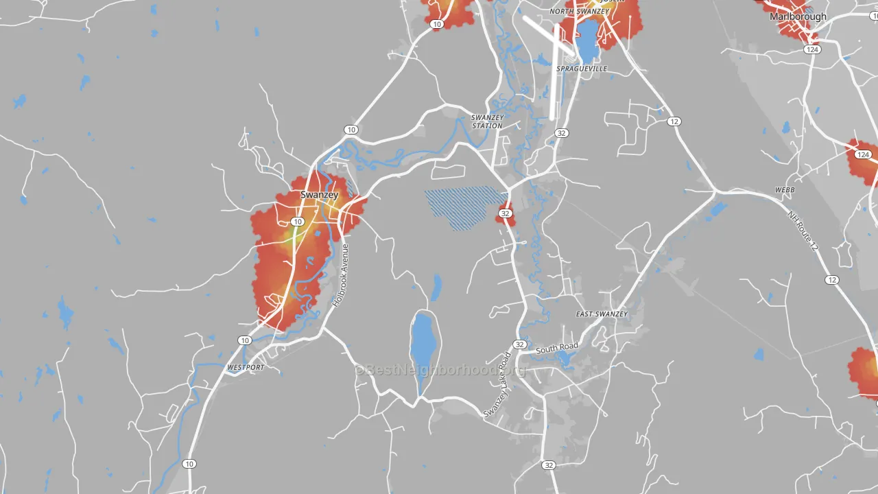 Walk Grade map of 03446, NH, walkable areas in green and car-dependent areas in red