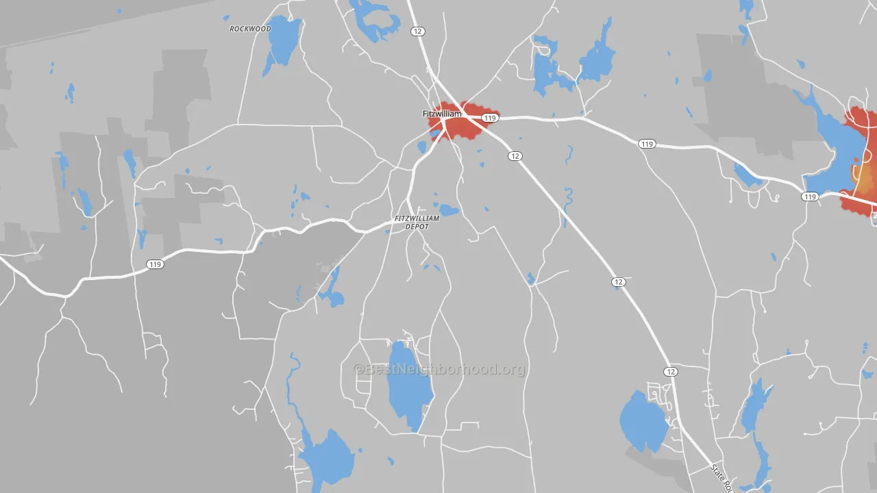 Walk Grade map of 03447, NH, walkable areas in green and car-dependent areas in red