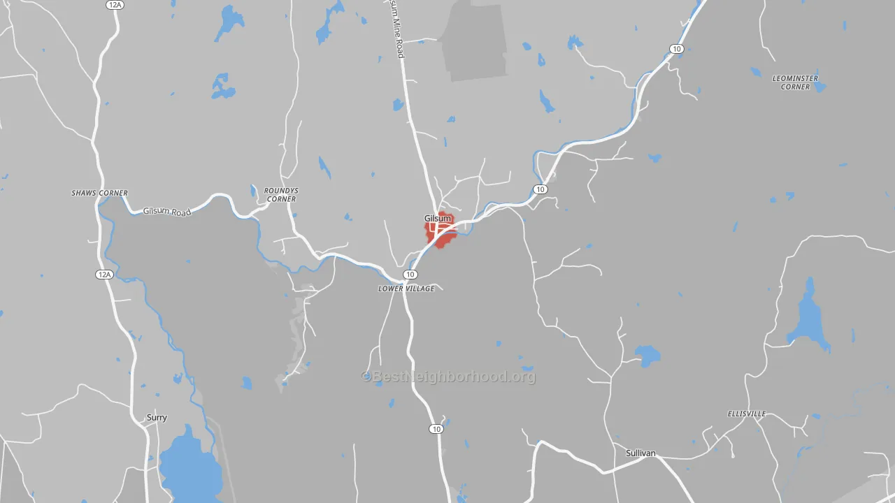 Walk Grade map of 03448, NH, walkable areas in green and car-dependent areas in red