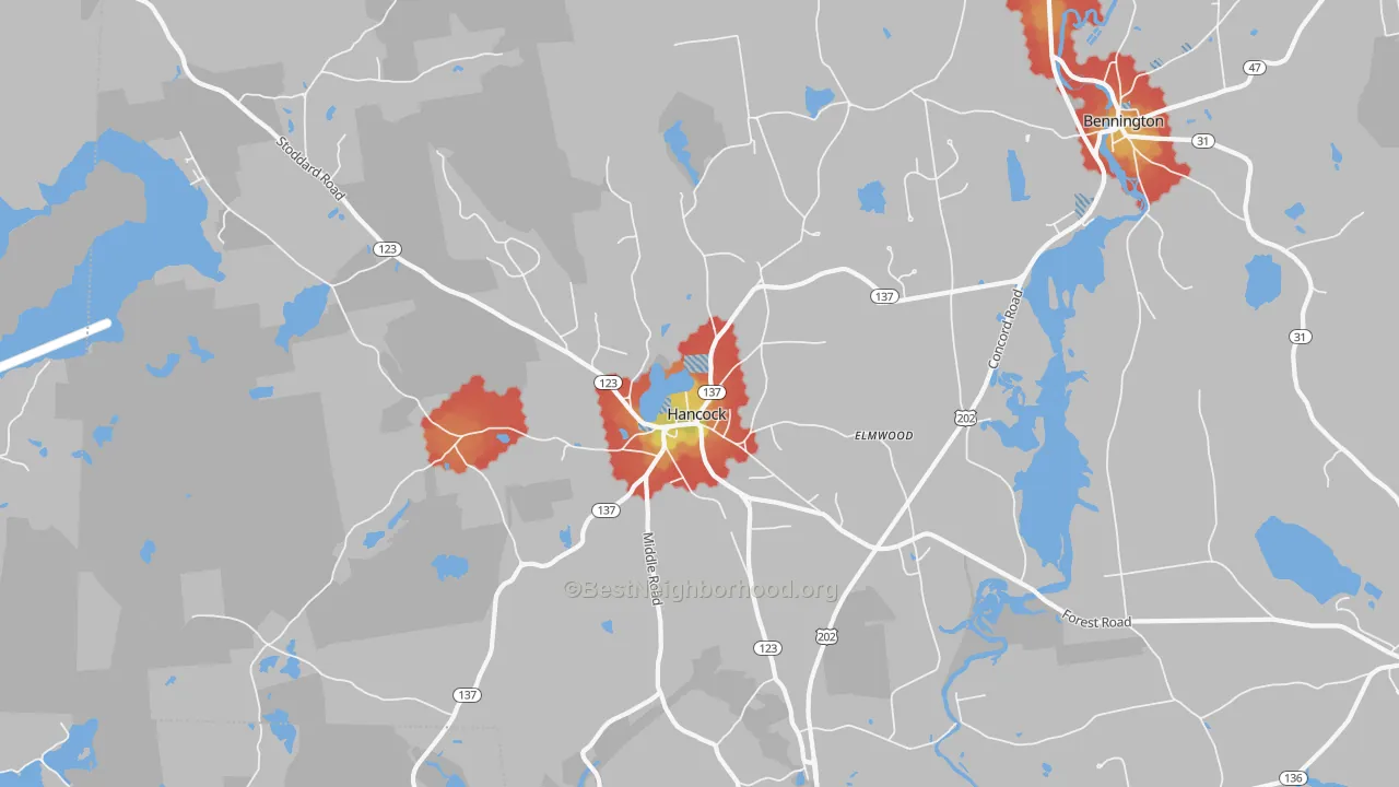 Walk Grade map of 03449, NH, walkable areas in green and car-dependent areas in red
