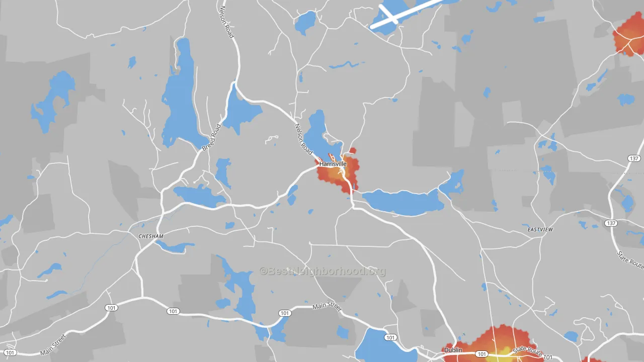 Walk Grade map of 03450, NH, walkable areas in green and car-dependent areas in red