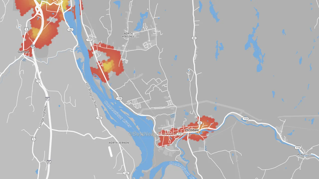 Walk Grade map of 03451, NH, walkable areas in green and car-dependent areas in red