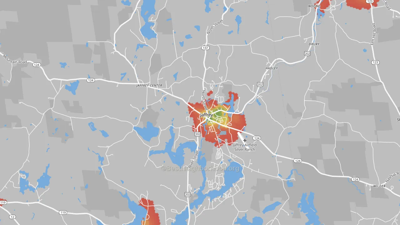Walk Grade map of 03452, NH, walkable areas in green and car-dependent areas in red