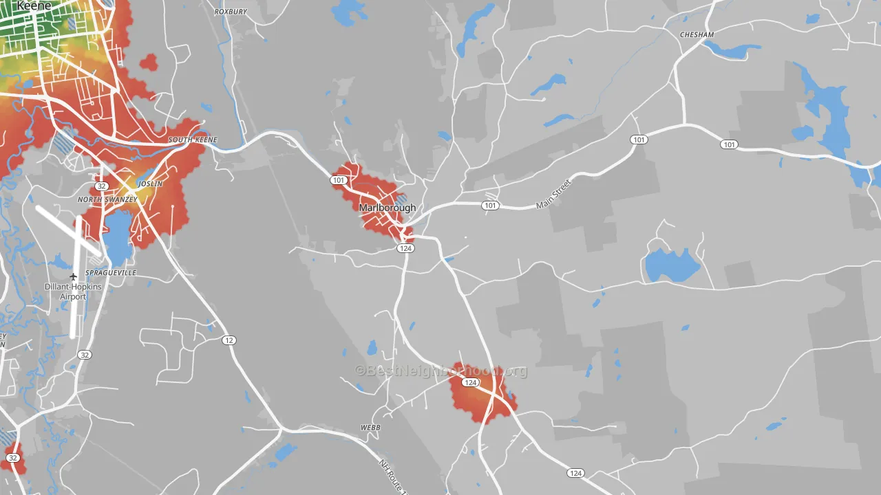 Walk Grade map of 03455, NH, walkable areas in green and car-dependent areas in red