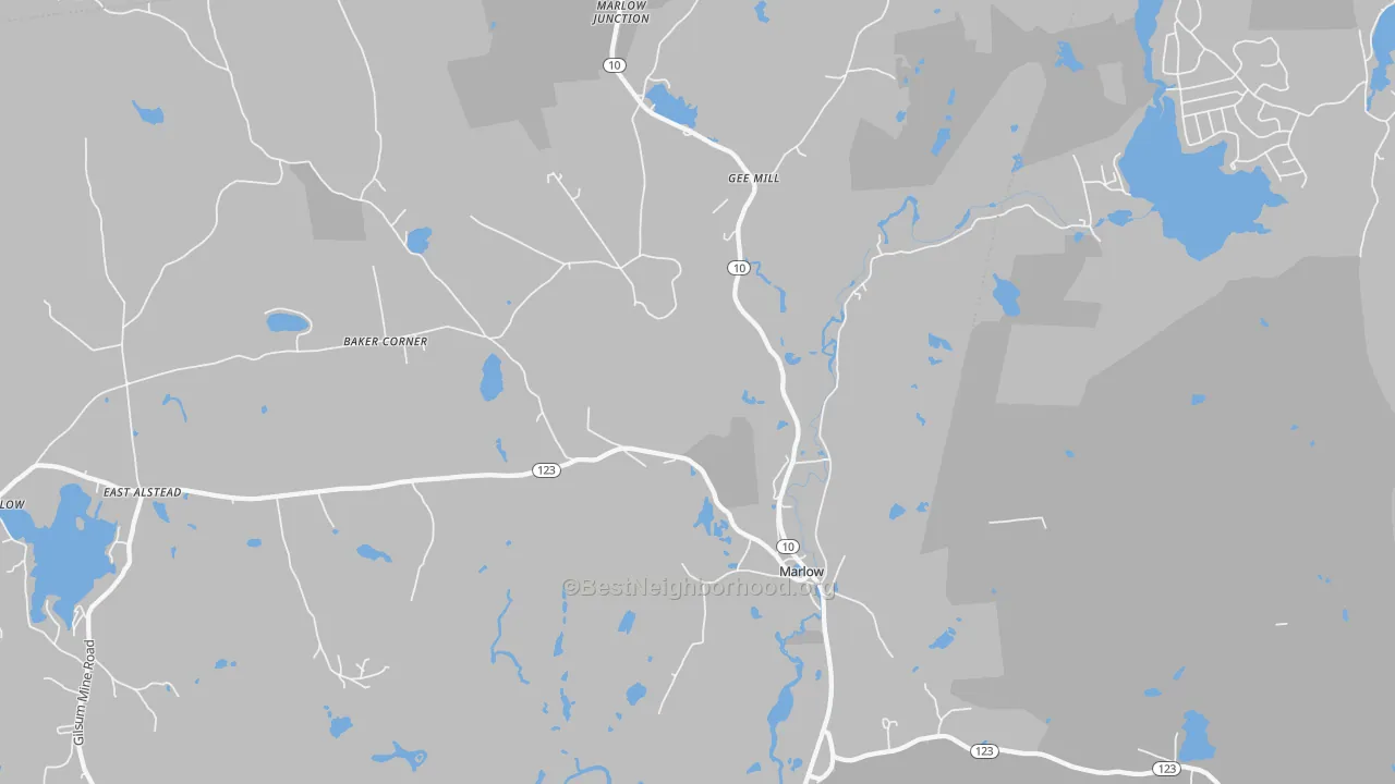 Walk Grade map of 03456, NH, walkable areas in green and car-dependent areas in red