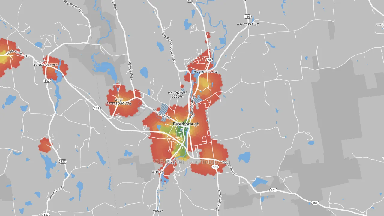 Walk Grade map of 03458, NH, walkable areas in green and car-dependent areas in red