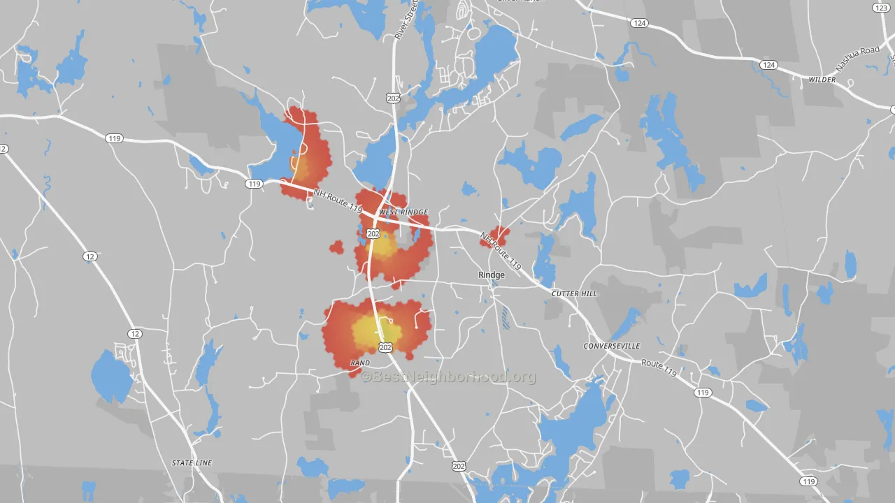 Walk Grade map of 03461, NH, walkable areas in green and car-dependent areas in red
