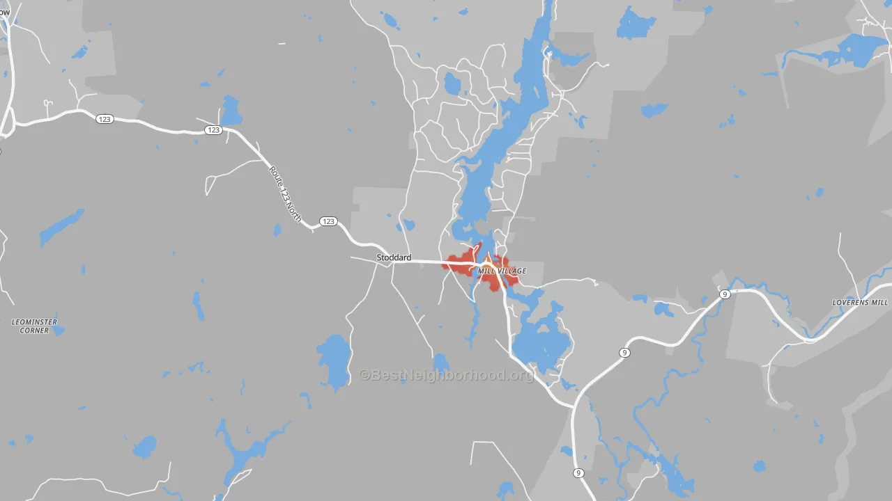 Walk Grade map of 03464, NH, walkable areas in green and car-dependent areas in red