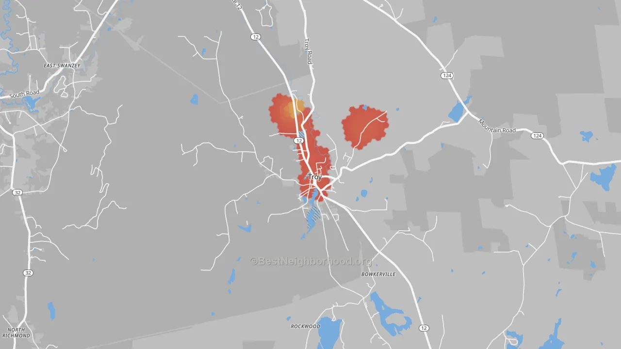 Walk Grade map of 03465, NH, walkable areas in green and car-dependent areas in red