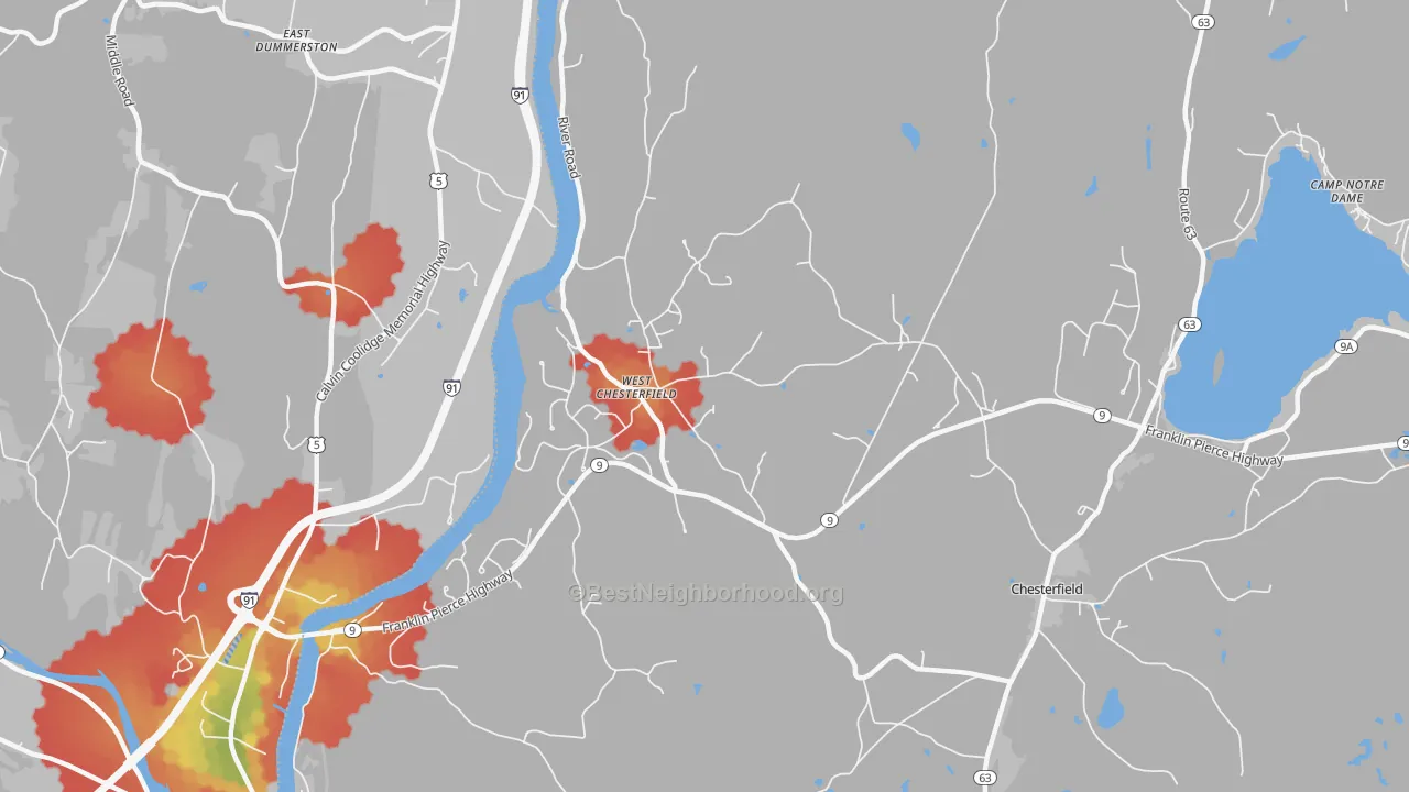 Walk Grade map of 03466, NH, walkable areas in green and car-dependent areas in red