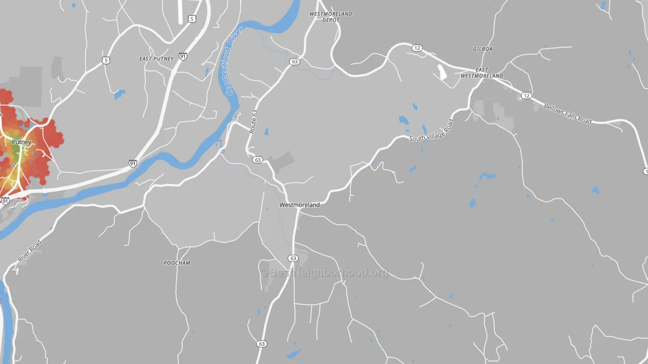 Walk Grade map of 03467, NH, walkable areas in green and car-dependent areas in red