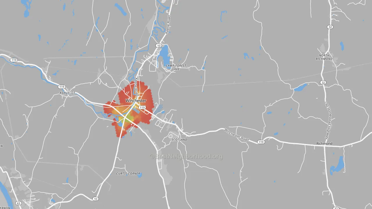 Walk Grade map of 03470, NH, walkable areas in green and car-dependent areas in red