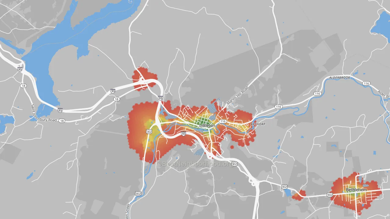 Walk Grade map of 03561, NH, walkable areas in green and car-dependent areas in red