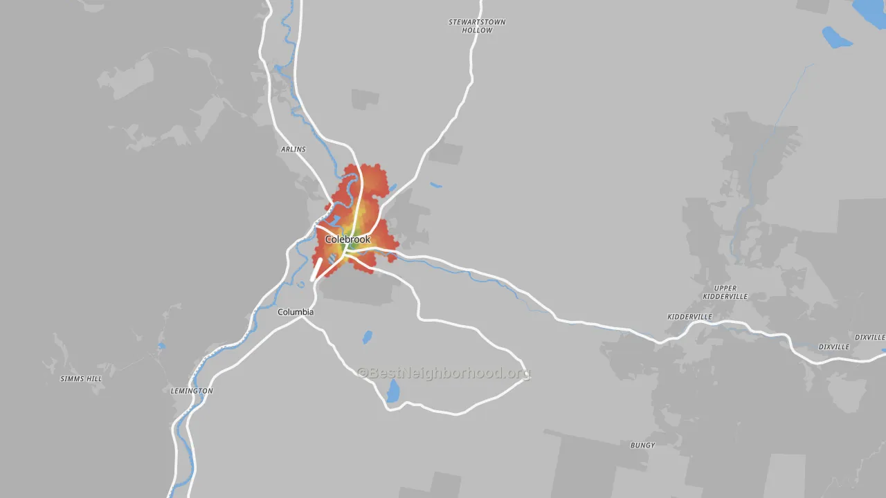 Walk Grade map of 03576, NH, walkable areas in green and car-dependent areas in red