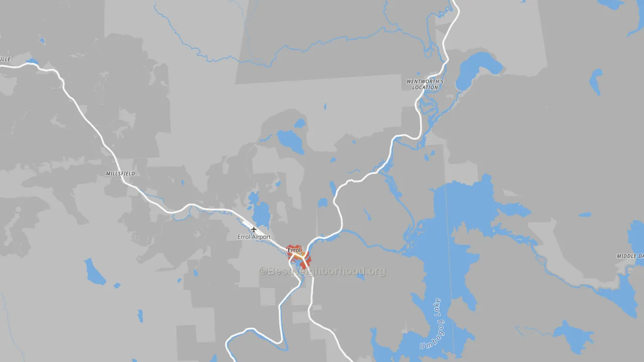Walk Grade map of 03579, NH, walkable areas in green and car-dependent areas in red