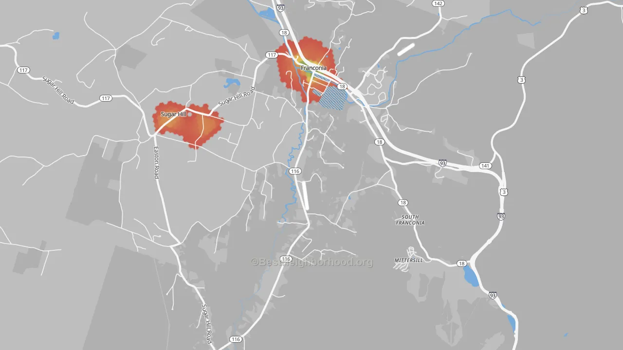 Walk Grade map of 03580, NH, walkable areas in green and car-dependent areas in red