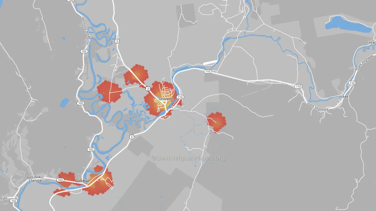 Walk Grade map of 03582, NH, walkable areas in green and car-dependent areas in red