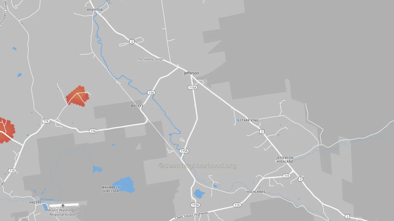 Walk Grade map of 03583, NH, walkable areas in green and car-dependent areas in red