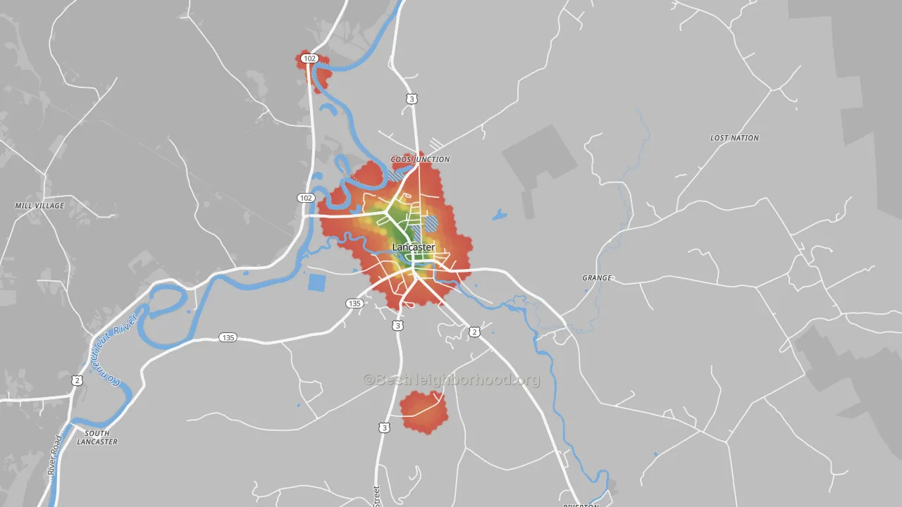 Walk Grade map of 03584, NH, walkable areas in green and car-dependent areas in red