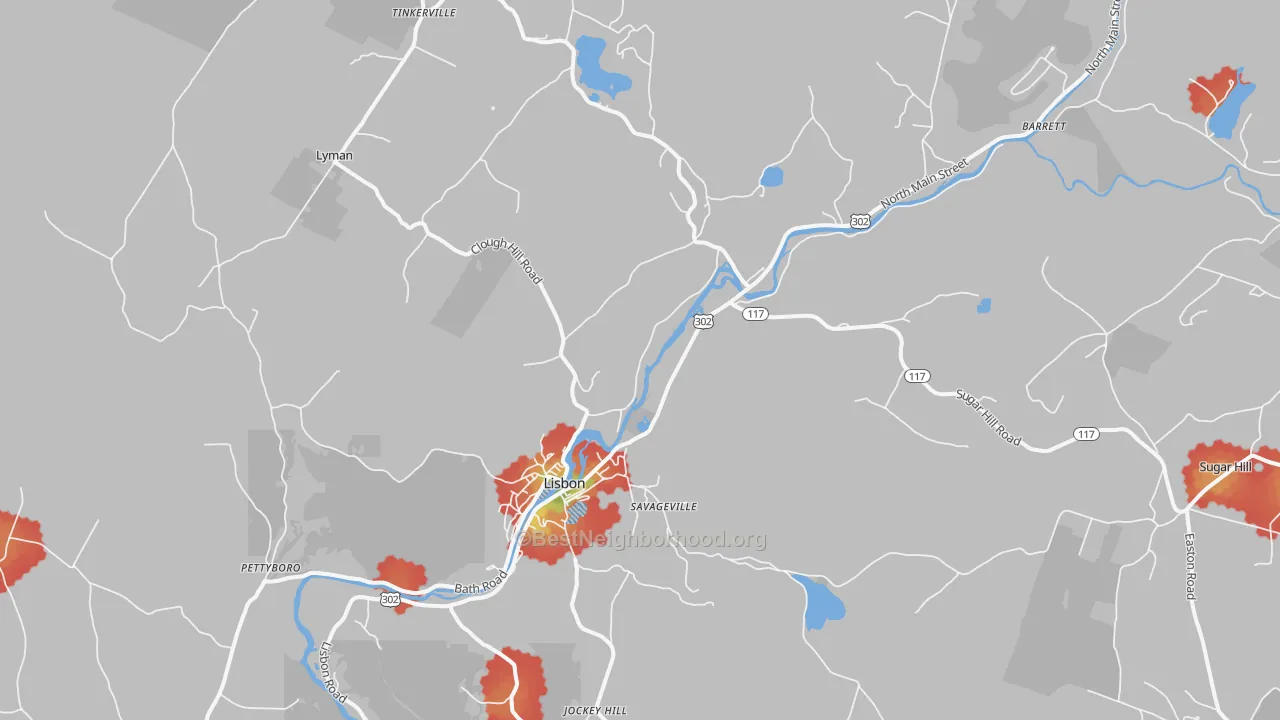 Walk Grade map of 03585, NH, walkable areas in green and car-dependent areas in red