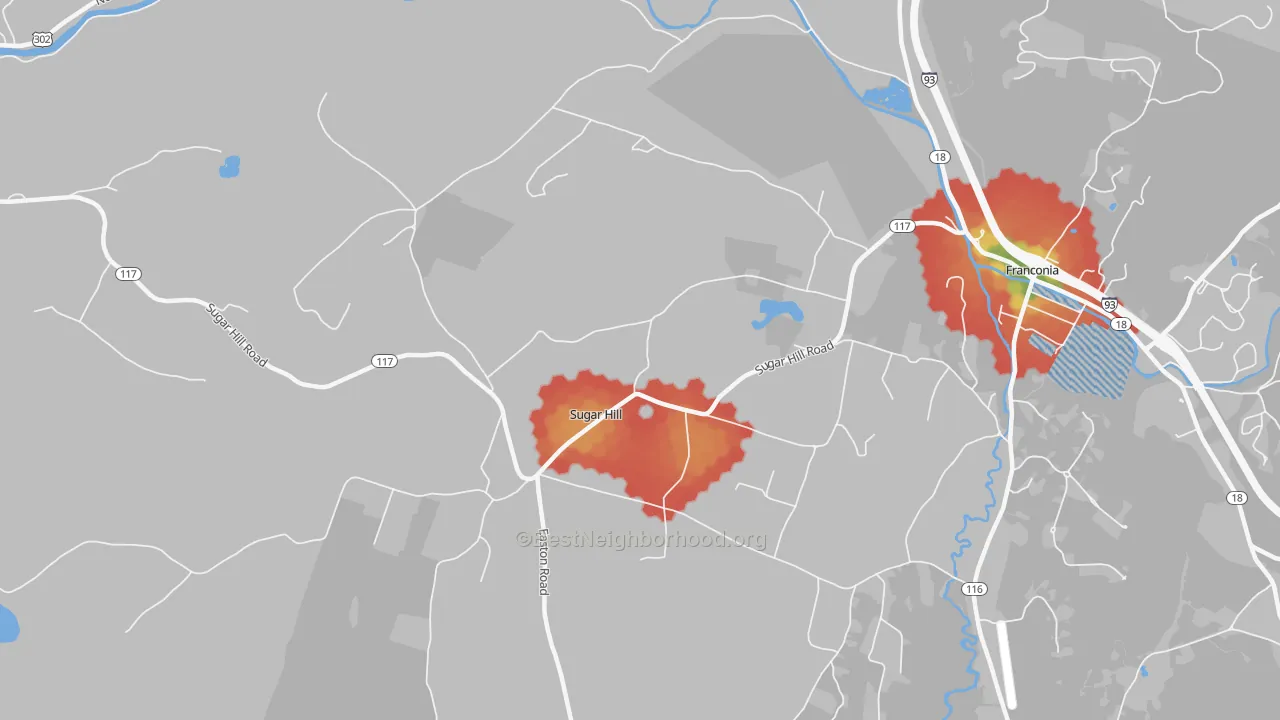 Walk Grade map of 03586, NH, walkable areas in green and car-dependent areas in red