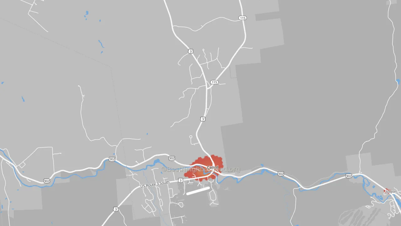 Walk Grade map of 03595, NH, walkable areas in green and car-dependent areas in red