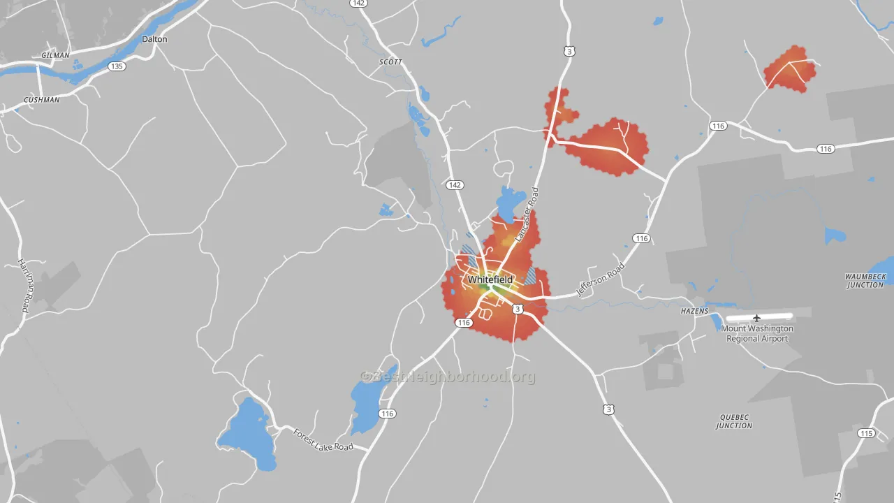 Walk Grade map of 03598, NH, walkable areas in green and car-dependent areas in red