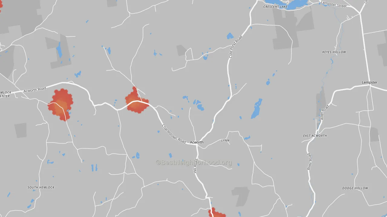 Walk Grade map of 03601, NH, walkable areas in green and car-dependent areas in red