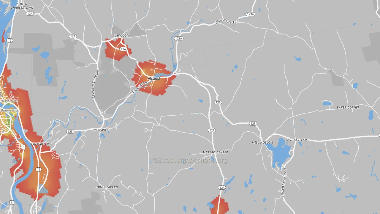Walk Grade map of 03602, NH, walkable areas in green and car-dependent areas in red