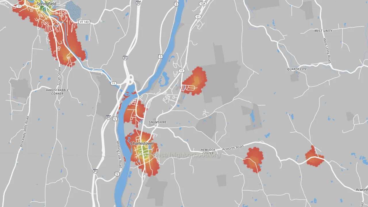 Walk Grade map of 03603, NH, walkable areas in green and car-dependent areas in red