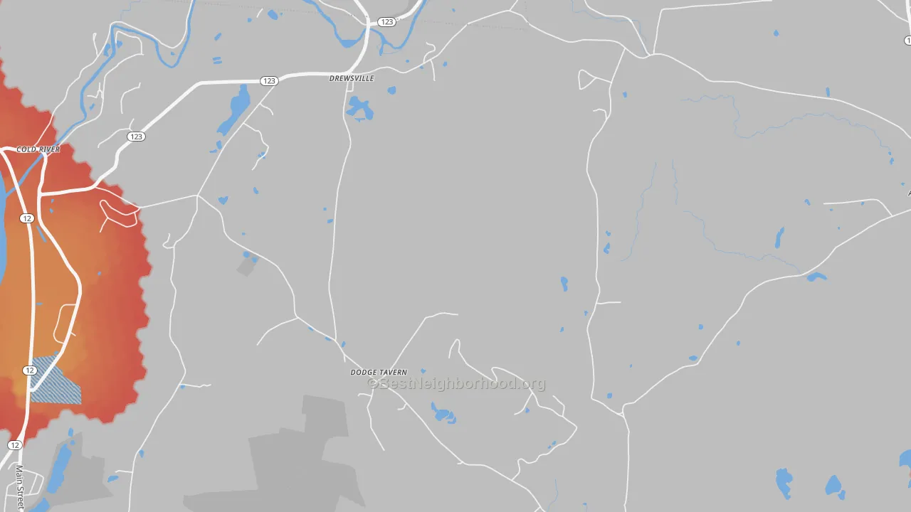 Walk Grade map of 03604, NH, walkable areas in green and car-dependent areas in red