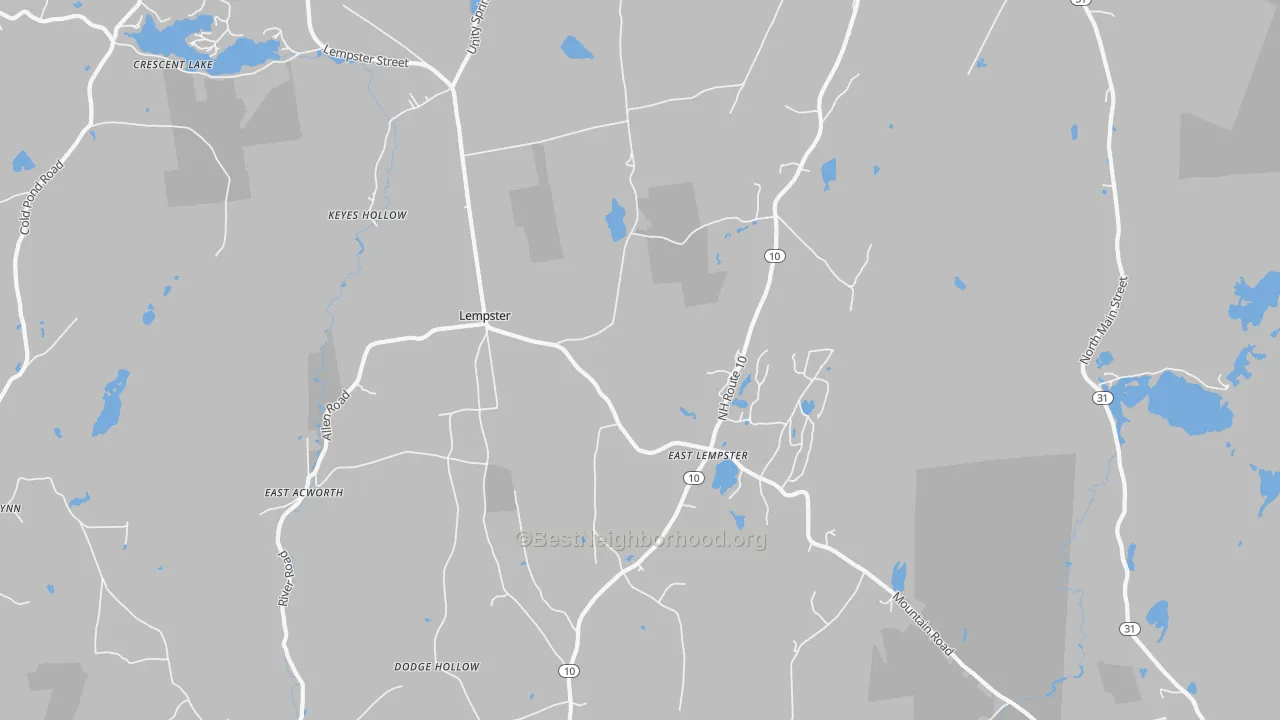 Walk Grade map of 03605, NH, walkable areas in green and car-dependent areas in red