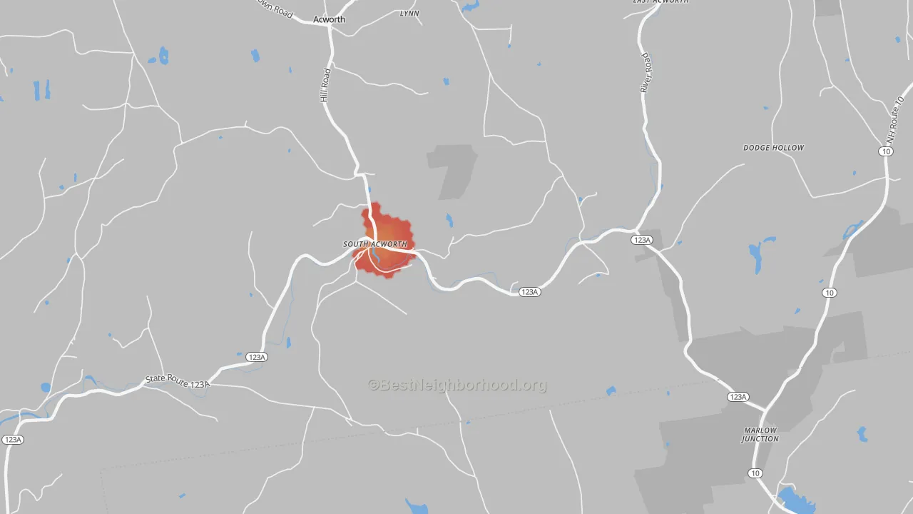 Walk Grade map of 03607, NH, walkable areas in green and car-dependent areas in red