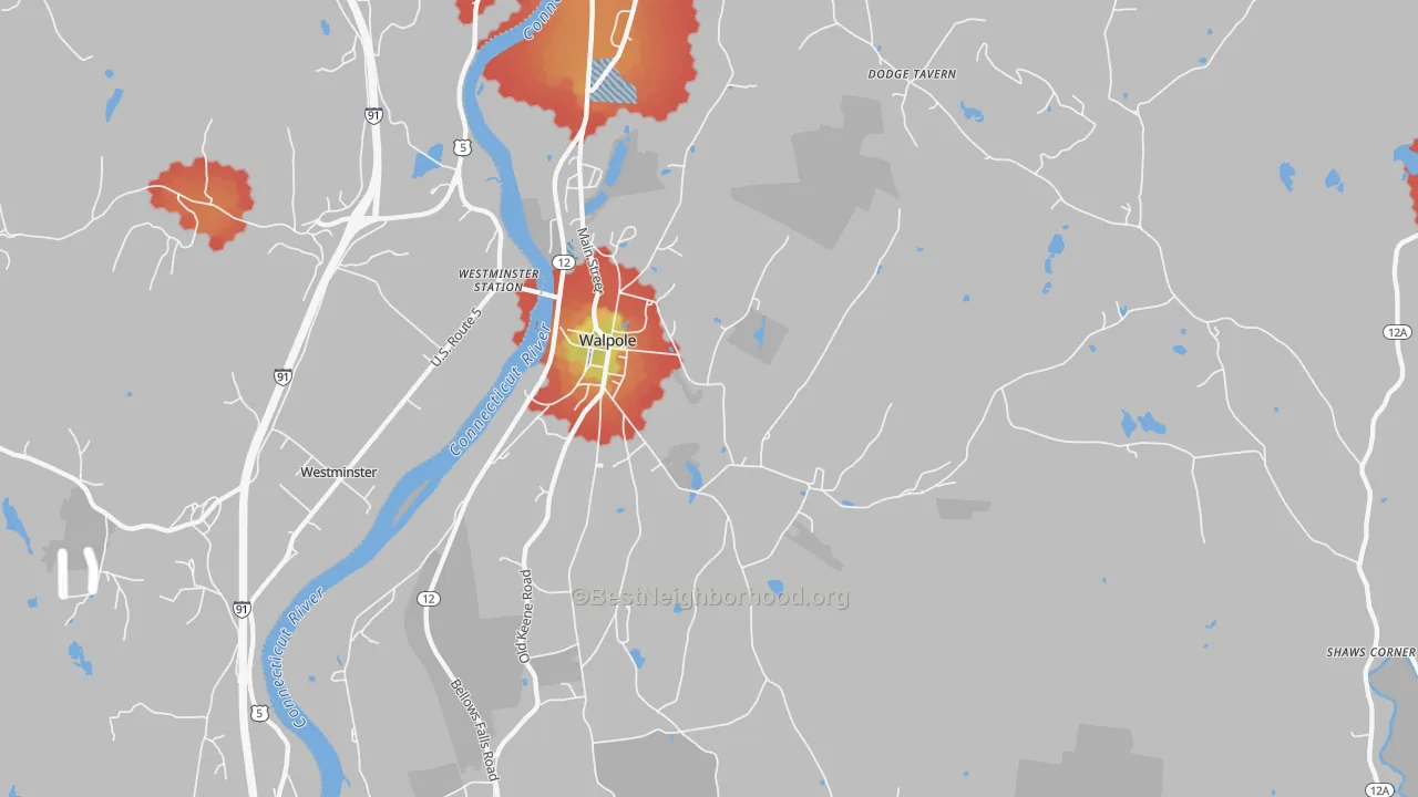 Walk Grade map of 03608, NH, walkable areas in green and car-dependent areas in red