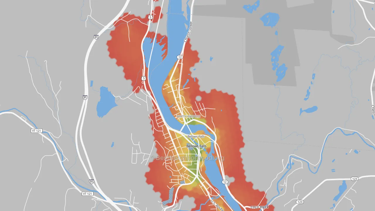Walk Grade map of 03609, NH, walkable areas in green and car-dependent areas in red