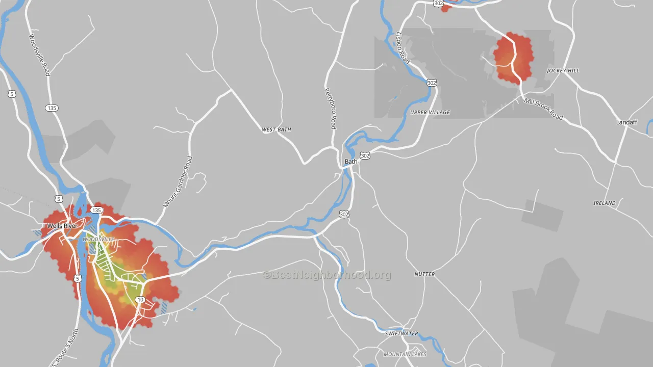 Walk Grade map of 03740, NH, walkable areas in green and car-dependent areas in red