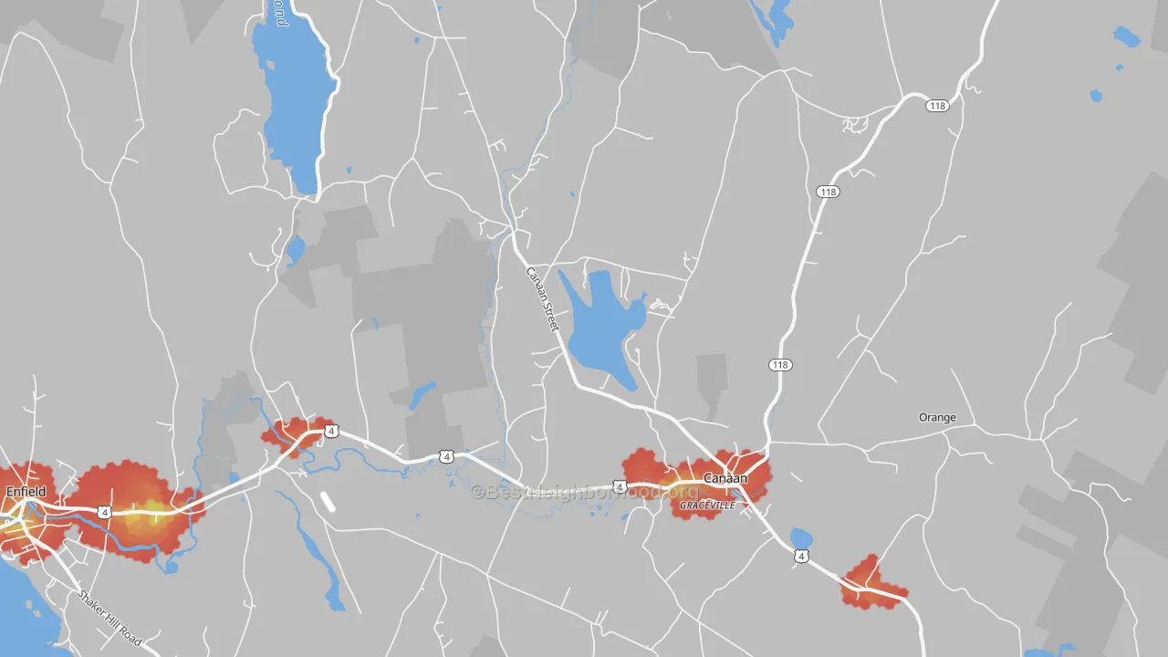 Walk Grade map of 03741, NH, walkable areas in green and car-dependent areas in red