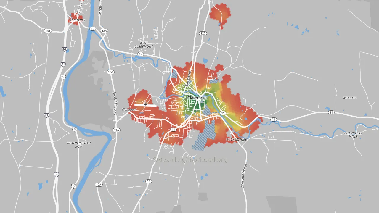 Walk Grade map of 03743, NH, walkable areas in green and car-dependent areas in red
