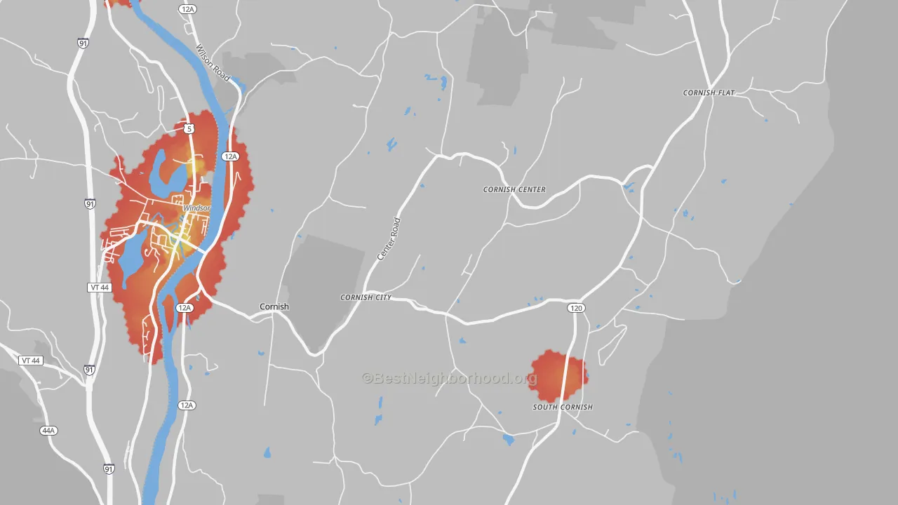Walk Grade map of 03745, NH, walkable areas in green and car-dependent areas in red