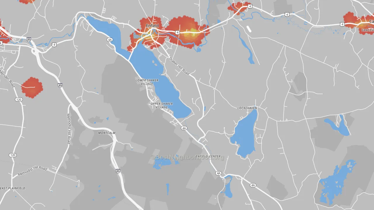 Walk Grade map of 03748, NH, walkable areas in green and car-dependent areas in red