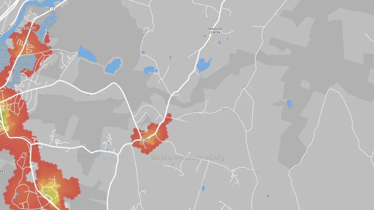 Walk Grade map of 03750, NH, walkable areas in green and car-dependent areas in red