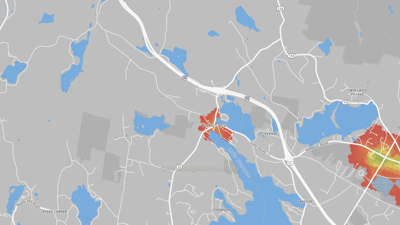 Walk Grade map of 03751, NH, walkable areas in green and car-dependent areas in red