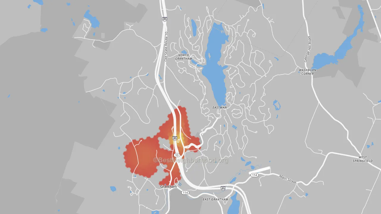 Walk Grade map of 03753, NH, walkable areas in green and car-dependent areas in red