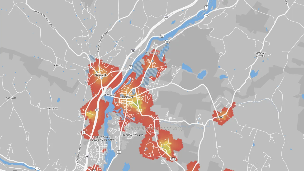Walk Grade map of 03755, NH, walkable areas in green and car-dependent areas in red