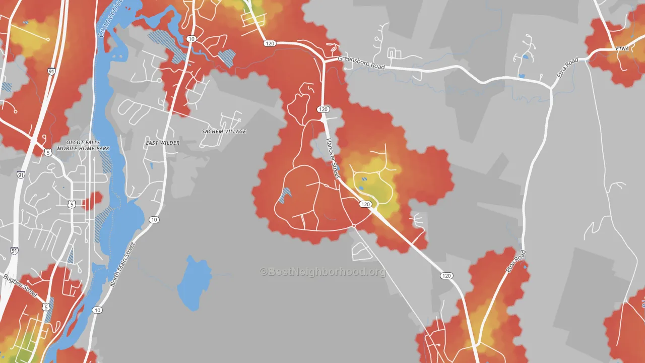 Walk Grade map of 03756, NH, walkable areas in green and car-dependent areas in red