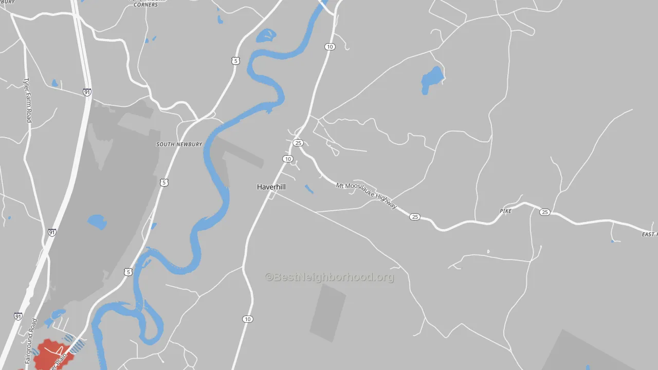 Walk Grade map of 03765, NH, walkable areas in green and car-dependent areas in red