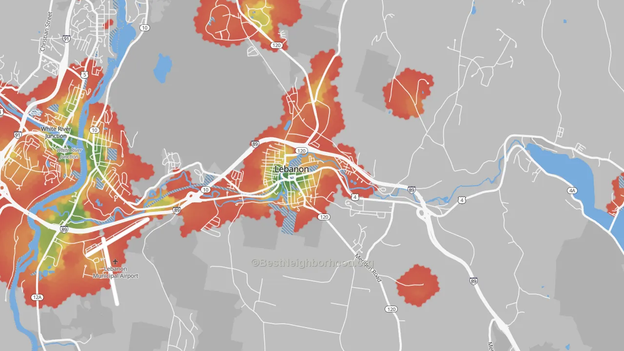 Walk Grade map of 03766, NH, walkable areas in green and car-dependent areas in red