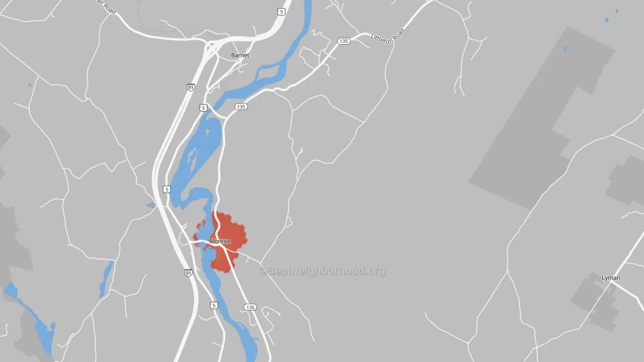 Walk Grade map of 03771, NH, walkable areas in green and car-dependent areas in red